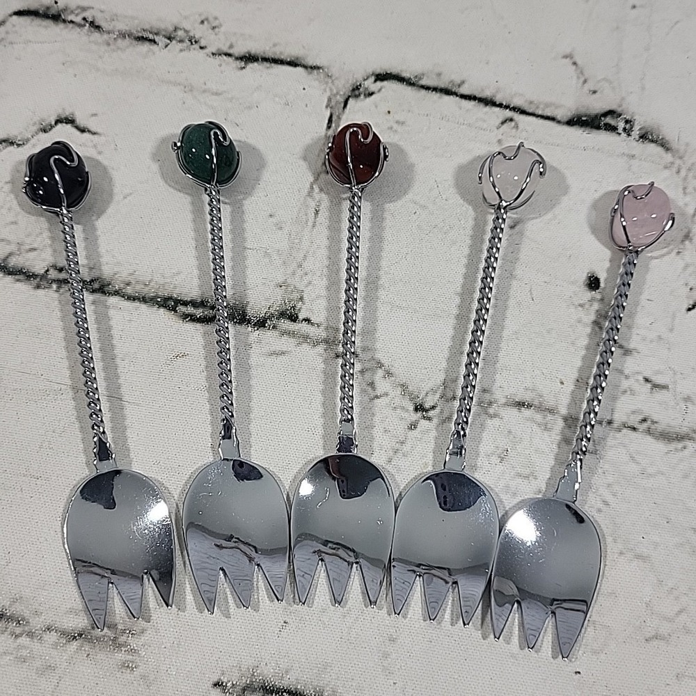 Quartz Topped Cocktail Sporks Silver-tone Wire Wrapped Glossy Stones‎ Set Of 5